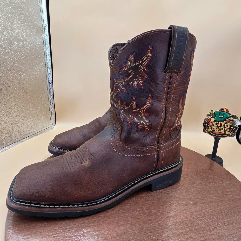 Justin Kids Stampede Brown Leather Square Toe Western Cowboy Boots 4681JR 3D